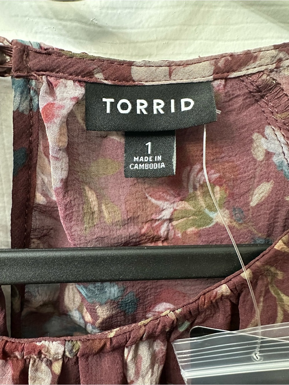 Torrid Top Long Sleeve Blouse Ruffle Sheer Burgundy Blue Floral 1X NWT - Picture 3 of 6